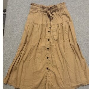 Universal Thread Tan Linen Blend Button Front Midi Skirt Paperbag Waist Medium